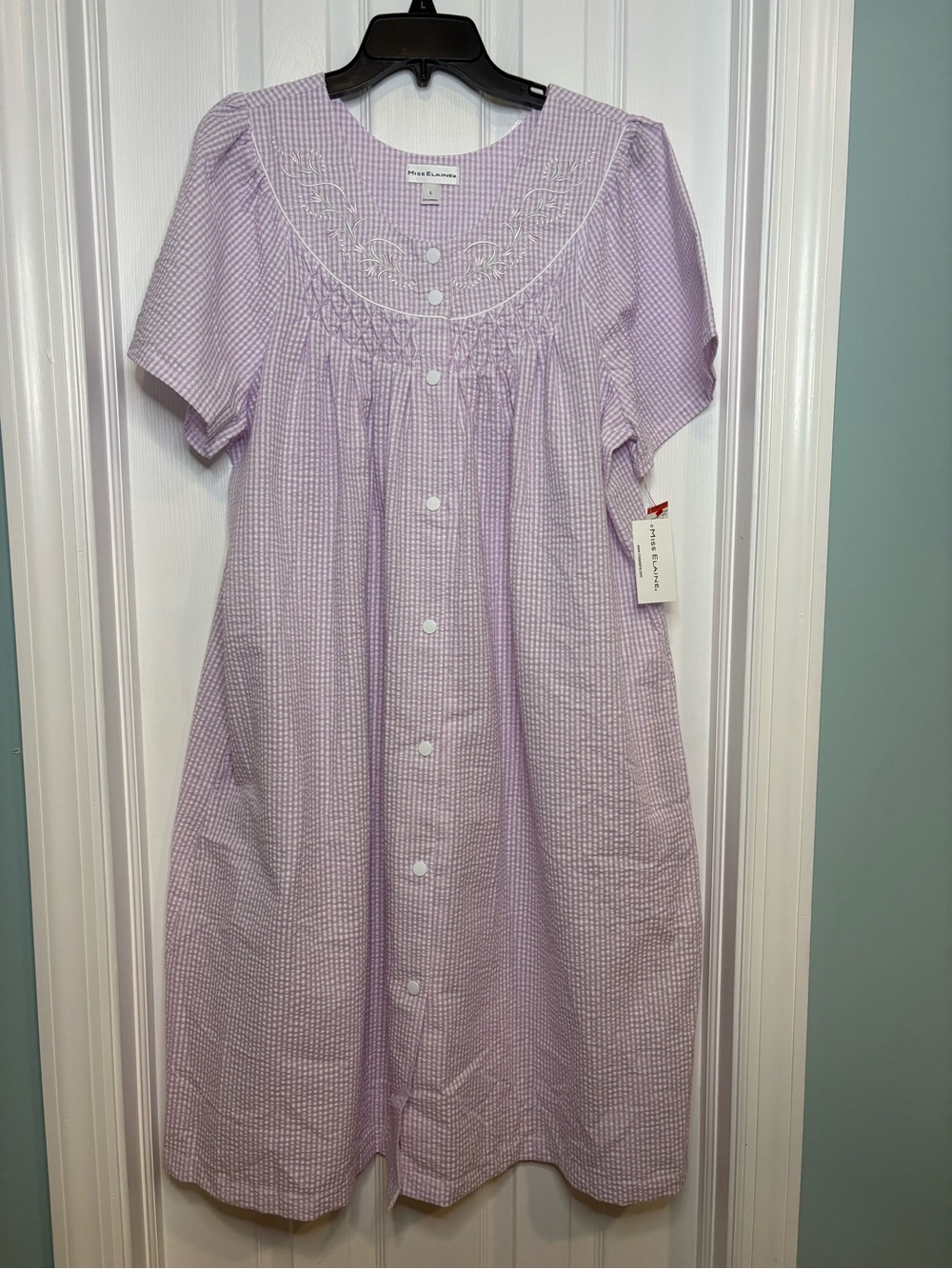 NWT Miss Elaine Seersucker Snap Front Robe Nightgown purple white stripes L